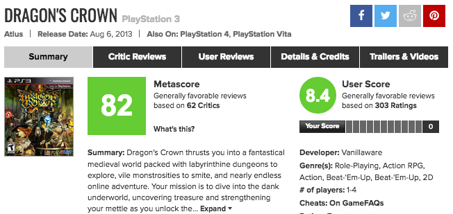 [PS3/PS4]海外で好評価！「ドラゴンズクラウン」のメタスコアは？