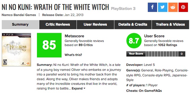 PS3「ニノ国 白き聖灰の女王」メタスコア、海外プレイヤーの評価は？