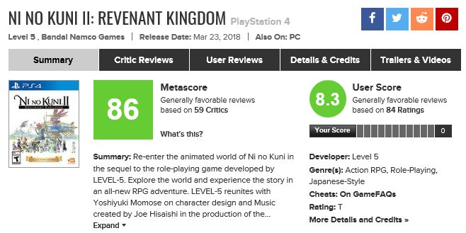 PS4｢二ノ国II レヴァナントキングダム｣メタスコア、海外の評価は？