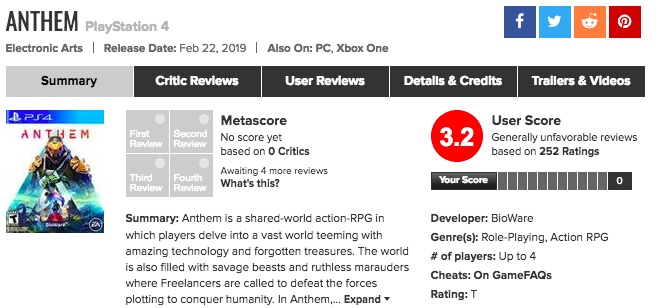 PS4/XboxOne｢ANTHEM｣が海外でまさかのクソゲー評価！？メタスコア、その理由は？
