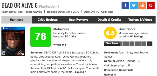 PS4/XboxOne｢DEAD OR ALIVE 6｣人気の海外でやや厳し目？メタスコア、その理由は？