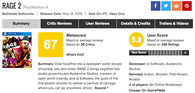 評価が低い…？PS4｢RAGE2｣海外での発売から半月時点でのメタスコアは？