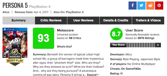 オリジナル版ペルソナ5が海外でも人気な理由は？Metacriticのユーザースコアはこちら。